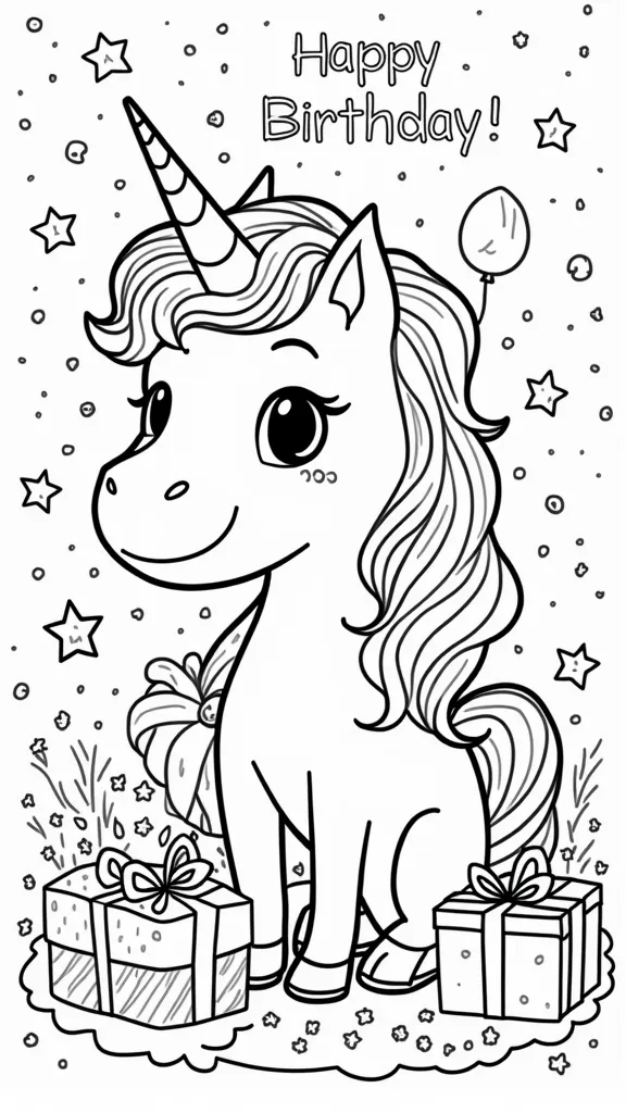 coloriage de joyeux anniversaire à la licorne